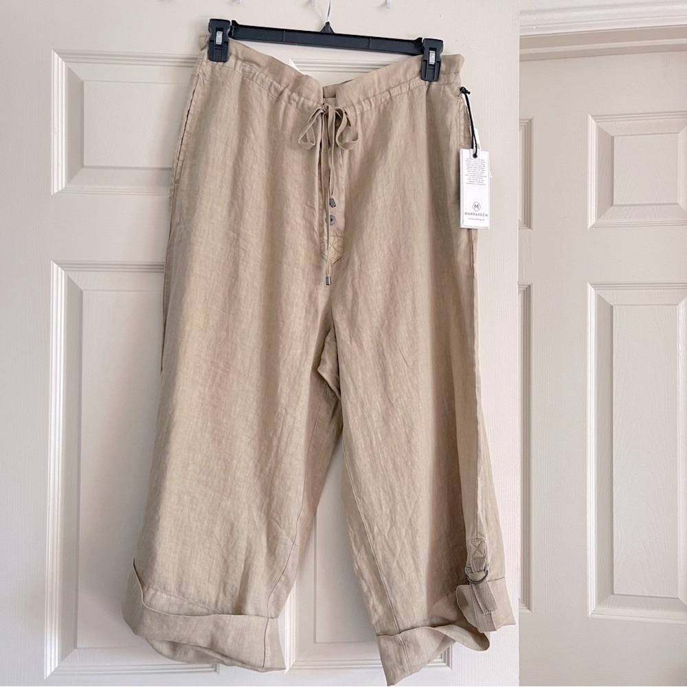 NWT Marrakesh Natalia Linen Cropped Wide Leg Pants Pockets Tan Neutral Size L